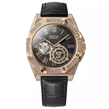 [Sonne] Часы S034 с черным циферблатом из нержавеющей стали и минеральным стеклом, автоматическим заводом, бренд часов S034PGZ-BK, мужские чёрный