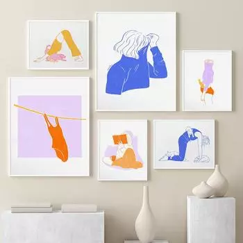 Сонный кот Йога Поза собаки Художественная печать Иллюстрация Летний постер для плавания Занят Отдых Всегда рядом со мной Декор для стен на холсте Картина 21x30cm No Framed