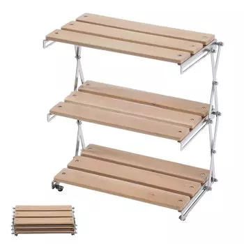 Soomloom Tabletop Storage Rack Natural Wood Beech Wood Foldable 3 Tiers Lightweight Compact No Assembly Required 33x18x34 Wooden Camping Storage Shelf