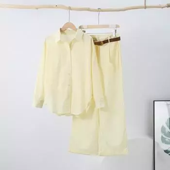 Соответствующие комплекты для женщин Комплект из двух предметов с длинными рукавами и отложным воротником Рубашка с прямыми брюками Комплекты с поясом Элегантный рабочий повседневный весенний S жёлтый