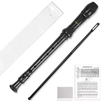 Soprano Recorder Baroque Style C Key 8 Hole Flute Detachable 3 Piece Set ABS Music Recorder Fingering Chart For Beginners at School (Cleaning Stick,