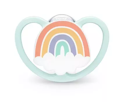 Соска-пустышка NUK Space Rainbow для детей от 0 до 6 месяцев, силикон против опрелостей, чехол, для младенцев, для новорожденных, в комплект входит дезинфицирующее средство для подготовки к OCNK10730846