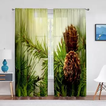 Сосновая шишка, ветки сосны, прозрачная вуаль, занавеска для гостиной, спальни, кухня, тюлевые оконные шторы, шифоновые шторы 1 PCS W100XH250cm&Rod Pocket
