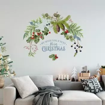 Сосновые шишки, ветка, веселые рождественские наклейки на стену, стеклянные окна, двери, рождественские украшения из ПВХ для дома, новогодний декор 2025 года 32x39cm