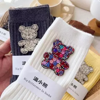 Сотни средних хлопковых носков со стразами Tide Fashion Decoration Outside Ins Pile Socks Персонализированные носки Носки с медведями Женские носки one size белый
