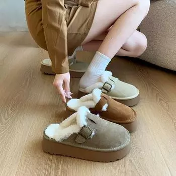 Сотни стремян One Foot Толстые зимние ботинки Женские осенне-зимние новые плюшевые мохнатые хлопковые туфли Ретро-обувь для хлеба 35 хаки