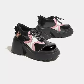 Сотни толстых подошв обуви женщин Abi Bat Wings одиночные туфли готические темные шнурки маленькие кожаные туфли женские 34 чёрный