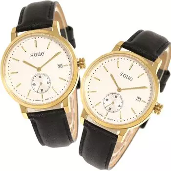 SOUE Pair Watch Classics Pair Watch Pair Couple 38mm Size Leather Belt Leather Band Black Gold Ivory Dial [SOUE] Womens Mens чёрный