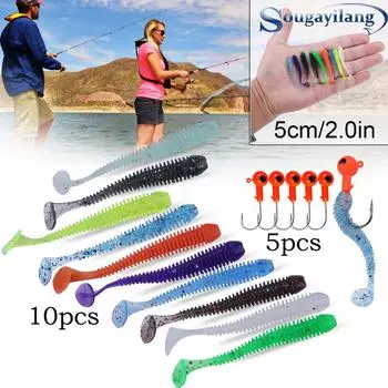 Sougayilang 10 шт. мягкая рыболовная приманка новая 5 см готовый запас мягкая приманка для рыбалки плавающая в воде мягкая приманка для плавания 10pcs lure&5pcs hooks