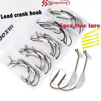 Sougayilang, 25 шт., колючий свинцовый крючок с коробкой, набор из высокоуглеродистой стали, наживка, червячный крючок, кривошипный рыболовный крючок и 5 шт., бесплатная приманка 25Pcs