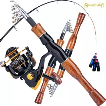 SOUGAYILANG Набор катушек для удочки Деревянная удочка Удочка Спиннинговая катушка для путешествий Рыбалка в соленой или пресной воде Колесо для рыбалки 1.8M&3000
