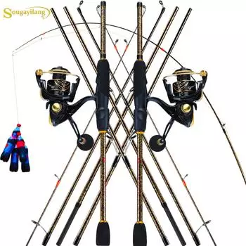 SOUGAYILANG Удочка Набор рыболовных катушек из углеродного волокна Сверхлегкая спиннинговая удочка и передаточное число 5,2:1 12 + 1BB Спиннинговая рыболовная катушка 1.8M&1000Series золотой