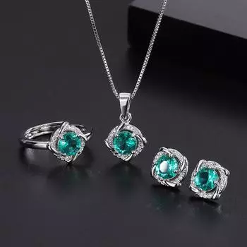 Source Jewelry Комплект из трех предметов: серьги-подвески из серебра 925 пробы с имитацией белых бриллиантов и зеленых бриллиантов