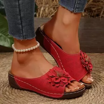 South East Asia Foreign Trade Large Size Thick Bottom Hollow One-word Slippers Women s Open-toed Flower Slope Heel Beach Cool Slippers 36 красный