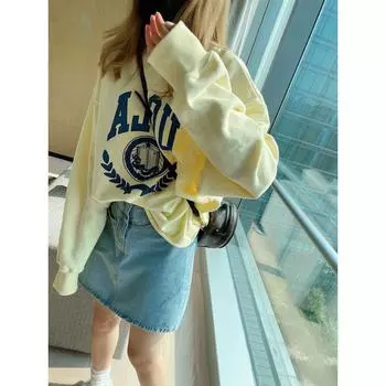South Korea Dongdaemun 2025 New Arrival Autumn Clothing Pure Cotton Easiest for Match round Neck Light Yellow Dark Blue Letter Print Sweatshirt Women Light yellow One size