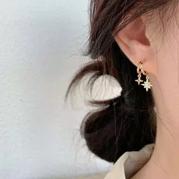 South Korea Dongdaemun Eight-Pointed Stars Delicate Earrings Girl Silver Needle Gold -925 silver needle