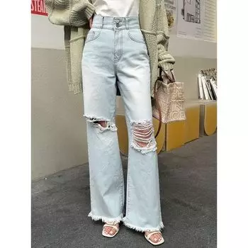 South Korea High Waist Two-Button Hole Denim Women s Spring 2025 New Arrival Washed Distressed Figure Flattering Straight-Leg Frayed Hem Pants Light blue S