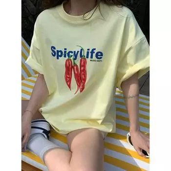 South Korea Ins Niche Style Fun Food Chili Print Casual Easiest for Match Loose Pure Cotton Comfortable Short Sleeve T-shirt Top Female Yellow XL