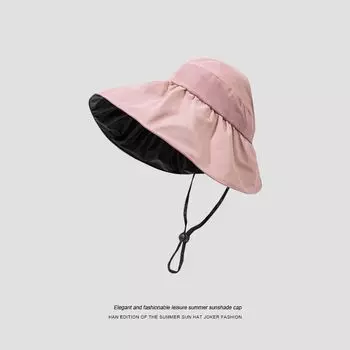 South Korea Internet Celebrity Air Top Sun-Proof Sun-Proof Bucket Hat Female Easiest for Match Summer Ponytail Big Brim Outdoor Cycling Beach Hat Black Glue Semi-Empty Top-Pink Adjustable
