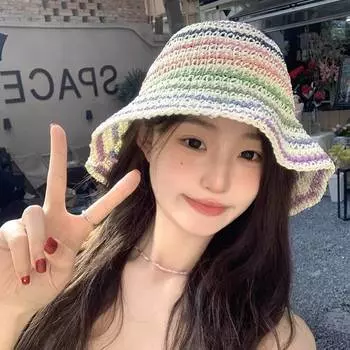 South Korea s new cream crayon contrasting colors hand-woven hat straw fisherman hat sun protection spring and summer sunshade M (56-58cm) Rainbow Pinstripe Grass Basin бежевый