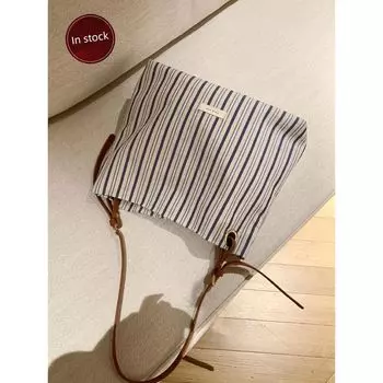 South Style Chio2nd HAILANG Echo Tote Bag Female Blue and White Striped Canvas Bag Large Capacity Satchel Shoulder Bag