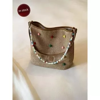 South Style Chio2nd Rainbow Candy Tote Bag Women s Portable Straw-Weaved Bag Vacation Style Shoulder Bag Woven Bag Brown straw