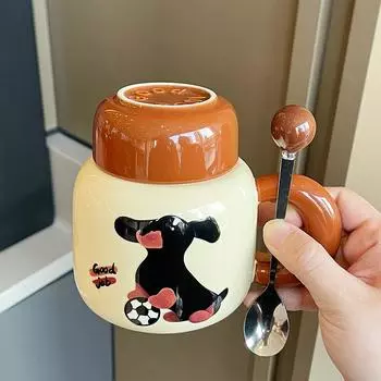 Souvenir Girls Cute Ceramic Mug with Lid Puppy Water Cup Creative Practical Cup Men s Coffee Cup Gift 401-500ml