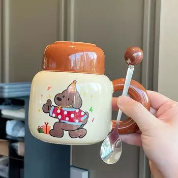 Souvenir Girls Cute Ceramic Mug with Lid Puppy Water Cup Creative Practical Cup Men s Coffee Cup Gift 401-500ml