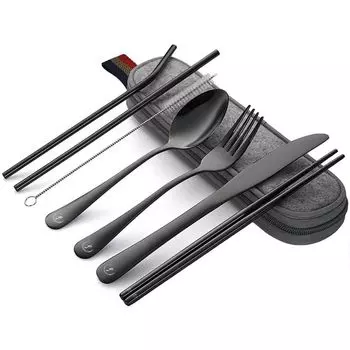 SOVIFKI Набор столовых приборов для кемпинга, палочек для еды, ложек, вилок, ножей, соломинок, набор столовых приборов с чехлом, черный, портативный, из нержавеющей стали чёрный