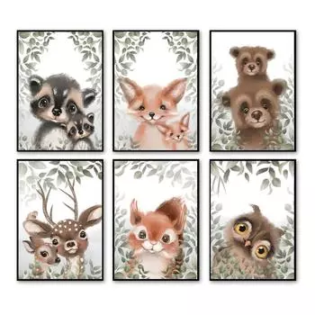 Сова, лес, медведь, олень, лист, скандинавские мультяшные животные, настенное искусство, холст, картины, постеры и принты, картины, дети, декор детской комнаты 21x30cm No Framed