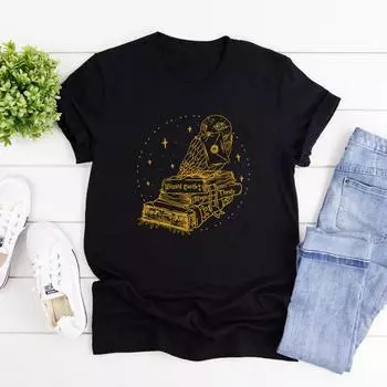 Сова на учебниках Футболки с изображением волшебника Футболка с изображением лучших друзей Чтение книг Волшебная футболка Винтажная женская футболка с коротким рукавом Футболка с изображением волшебника Подарок для книг S чёрный