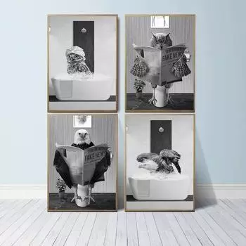 Сова, принимающая ванну, забавный принт в ванной комнате, постер «Орел в туалете», черно-белый причудливый холст с изображением животных, детский домашний декор 21x30cm No Framed