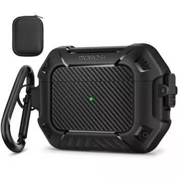 Совместим с чехлом MOBOSI AirPods Pro Secure Lock Clip, противоударным чехлом из углеродного волокна с брелоком для черного чехла AirPods Pro,