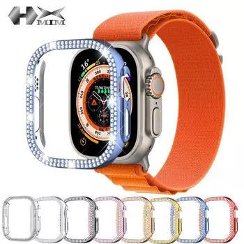 Совместимо с Apple Watch 10, 9, 8: Защитный чехол с двухрядными алмазными кристаллами Ultra Hollow. 45mm прозрачный