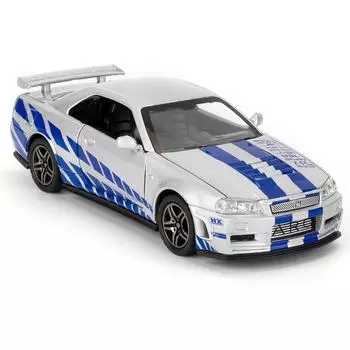 Совместимо с моделью автомобиля Nissan Skyline GT-R R34 масштаба 1/32, литой коллекционной игрушечной машинкой с инерционным механизмом со звуком и светом для взрослых, детей, мальчиков и девочек, подарок 1/32-Size:15*6*4.3cm