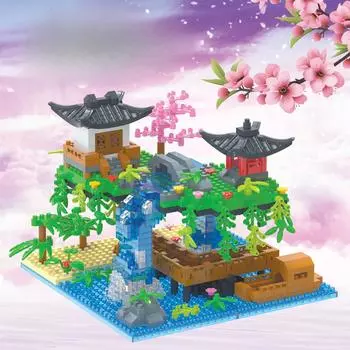 Совместимо с Peach Blossom Pool Micro Drill Building Blocks для взрослых, серия для девочек, модель-головоломка, сборка игрушек 13.5*13.5*10cm