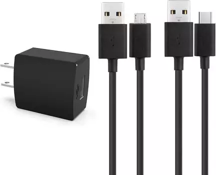 Совместимое зарядное устройство мощностью 10 Вт, совместимое с Fire HD, 2 кабеля, адаптер переменного тока Micro, шнур питания, кабель для зарядки с разъемом Micro USB Type C [сертифицировано PSE/комплект 2] чёрный