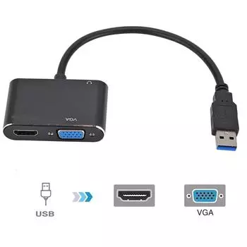 Совместимость 2 в 1 с USB-мультимедийным интерфейсом высокой четкости и кабелем-адаптером VGA