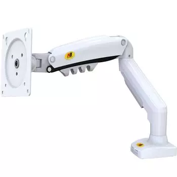 Совместимость с монитором: грузоподъемность дисплея, одинарная газовая пружина, стандартный зажим VESA, тип втулки, высота, угол, кронштейн для укладки кабелей, 17–30 дюймов, белый