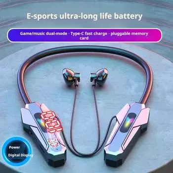 Совместимые с Bluetooth наушники со светодиодной подсветкой RGB, стабильной низкой задержкой, водонепроницаемые, с длительным временем воспроизведения, беспроводные стереонаушники с шейным ободом чёрный