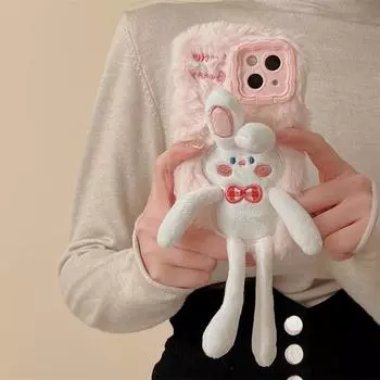 Совместимый чехол для телефона Apple 14 Pro Max, 13, 12, 11 Plush Rabbit с невидимой подставкой и защитой от падений. iPhone 11