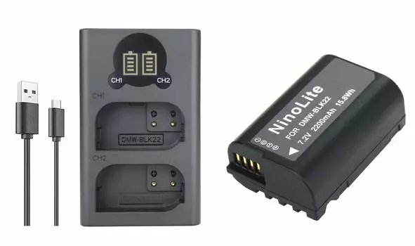 Совместимый комплект NinoLite с двумя зарядными устройствами USB-типа Panasonic Lumix серии G9, совместимый с серией GGH5, из 2-х частей DMW-BLK22 + DMW-BTC15 DC-S5 DC-S5K-K DC-S5-K