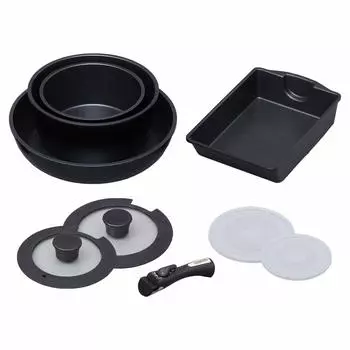 Совместимый набор сковород и кастрюль IRIS OHYAMA IH, сковорода с алмазным покрытием 20 см 26 см, черная, со съемной ручкой, набор KITCHEN CHEF из 9 предметов IS-SE9 чёрный