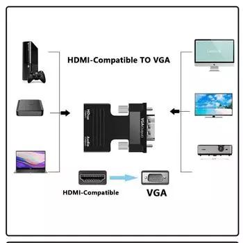 Совместимый с HDMI адаптер VGA, адаптер VGA 1080P, аудиоразъем 3,5 мм для ПК, настольного компьютера, ноутбука, проектора HDTV, видео, аудио чёрный