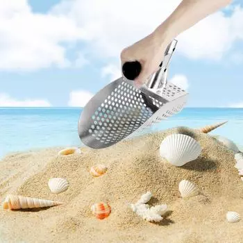 Совок для песка на пляже из нержавеющей стали 304 с металлическим детектором и съемной длинной ручкой для быстрого просеивания металла и поиска сокровищ серебряный
