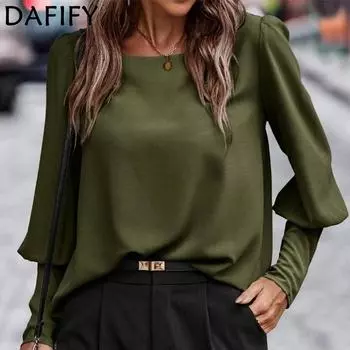 DAFIFY Женская мода осень-зима повседневные однотонные принты с длинным рукавом и круглым вырезом блузки и рубашки S чёрный