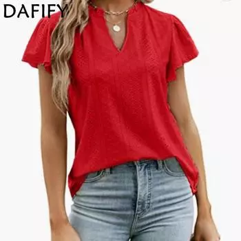 DAFIFY Женская мода Лето Весна Повседневный однотонный принт с коротким рукавом V-образным вырезом Блузки и рубашки S белый