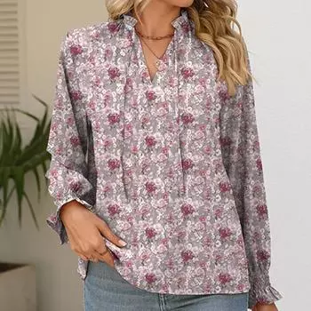 SOWOOLIFE женские модные повседневные свободные блузки и рубашки с длинным рукавом и v-образным вырезом с цветочным принтом