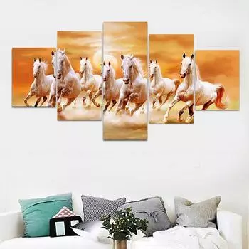 Современная 5-панельная картина на холсте с животными, семь белых лошадей, настенная живопись, постеры и принты для гостиной, домашний декор, без рамки 20x35cm*2 20x45cm*2 20x55cm*1