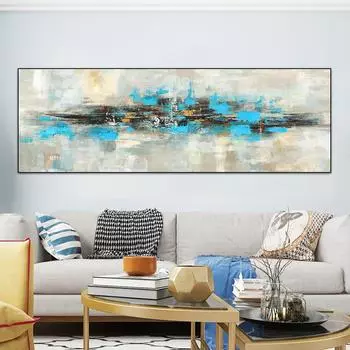 Современная абстрактная картина маслом, печать на холсте, постеры, золотой и синий, оригинальная настенная живопись, картина для гостиной, домашний декор 20*40cm